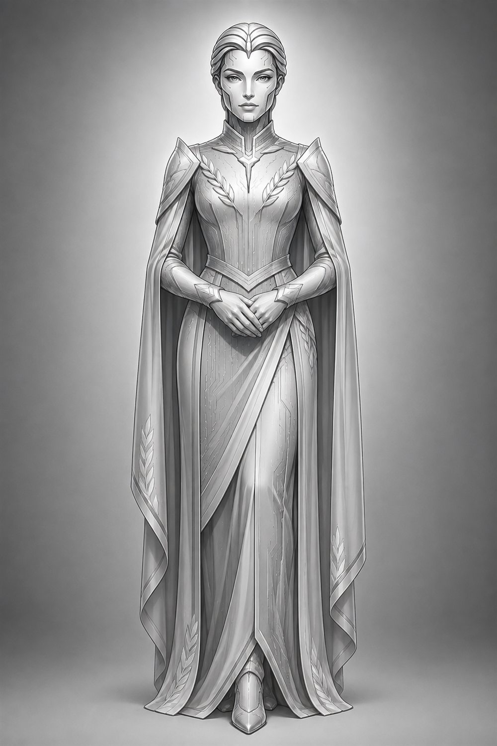 The Amanuensis — a silvered classical figure in laurelled robes, hands folded, awaiting your inquiry